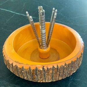 VINTAGE : Rustic Wood Nut Bowl With Nutcracker and Picks.